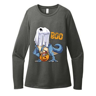 Ghost Dinosaur T Rex Funny Boo Halloween Pumpkin Womens CVC Long Sleeve Shirt