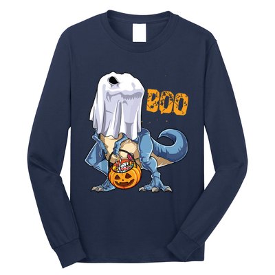 Ghost Dinosaur T Rex Funny Boo Halloween Pumpkin Long Sleeve Shirt