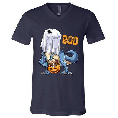 Ghost Dinosaur T Rex Funny Boo Halloween Pumpkin V-Neck T-Shirt