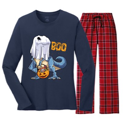 Ghost Dinosaur T Rex Funny Boo Halloween Pumpkin Women's Long Sleeve Flannel Pajama Set 