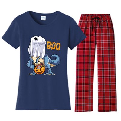 Ghost Dinosaur T Rex Funny Boo Halloween Pumpkin Women's Flannel Pajama Set