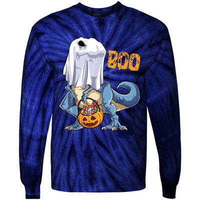 Ghost Dinosaur T Rex Funny Boo Halloween Pumpkin Tie-Dye Long Sleeve Shirt