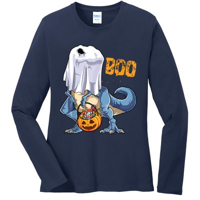 Ghost Dinosaur T Rex Funny Boo Halloween Pumpkin Ladies Long Sleeve Shirt