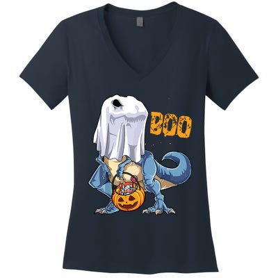 Ghost Dinosaur T Rex Funny Boo Halloween Pumpkin Women's V-Neck T-Shirt