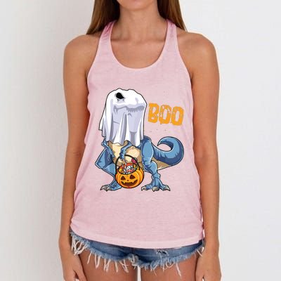 Ghost Dinosaur T Rex Funny Boo Halloween Pumpkin Women's Knotted Racerback Tank