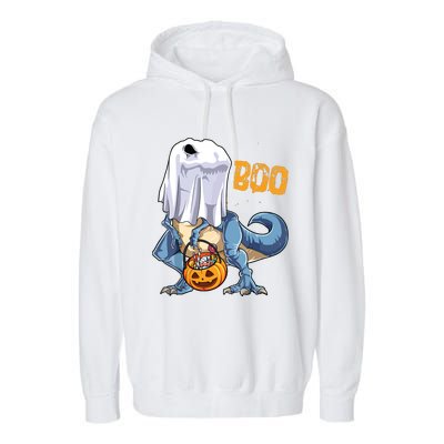 Ghost Dinosaur T Rex Funny Boo Halloween Pumpkin Garment-Dyed Fleece Hoodie