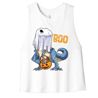 Ghost Dinosaur T Rex Funny Boo Halloween Pumpkin Women's Racerback Cropped Tank