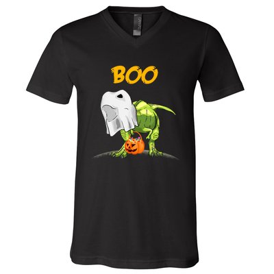 Ghost Dinosaur T Rex Funny Boo Halloween Pumpkin V-Neck T-Shirt