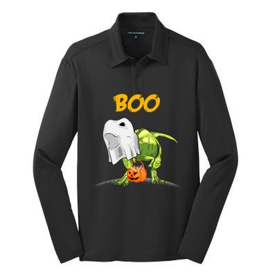 Ghost Dinosaur T Rex Funny Boo Halloween Pumpkin Silk Touch Performance Long Sleeve Polo