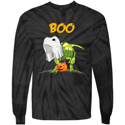 Ghost Dinosaur T Rex Funny Boo Halloween Pumpkin Tie-Dye Long Sleeve Shirt