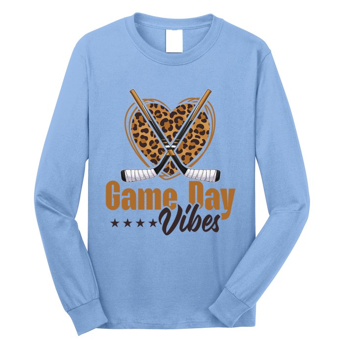 Game Day Vibes Mom Bleached Leopard Heart Hockey Cute Gift Long Sleeve Shirt