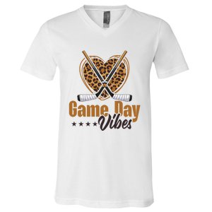 Game Day Vibes Mom Bleached Leopard Heart Hockey Cute Gift V-Neck T-Shirt