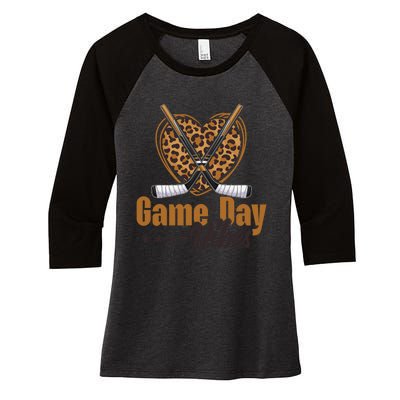 Game Day Vibes Mom Bleached Leopard Heart Hockey Cute Gift Women's Tri-Blend 3/4-Sleeve Raglan Shirt