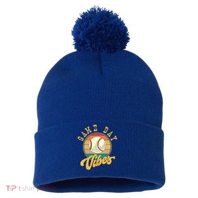 Game Day Vibes Retro Baseball Season Players And Fans Design Gift Pom Pom 12in Knit Beanie
