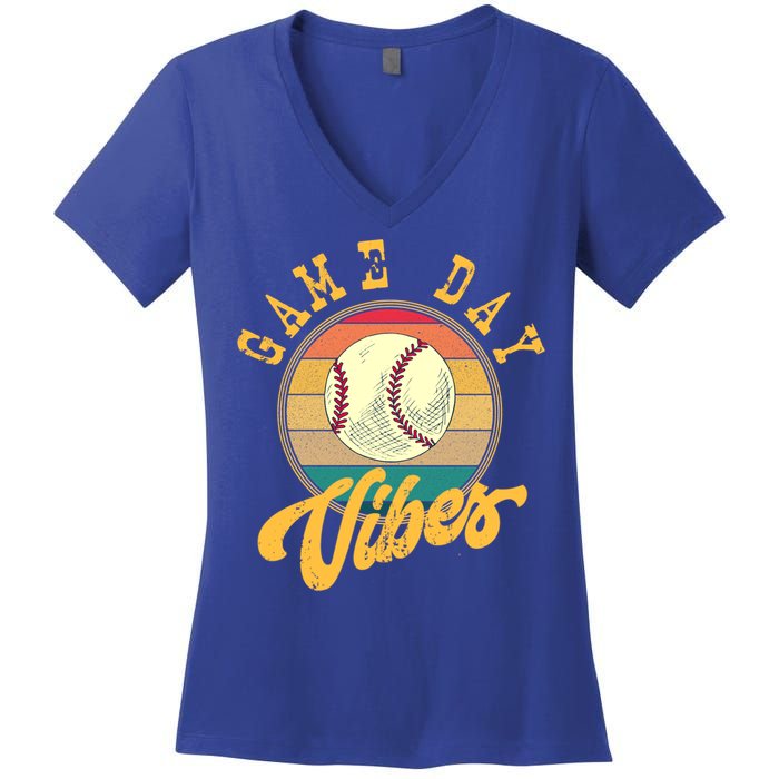 Game Day Vibes Retro Baseball Season Players And Fans Design Gift Women's V-Neck T-Shirt