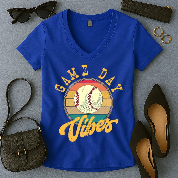 Game Day Vibes Retro Baseball Season Players And Fans Design Gift Women's V-Neck T-Shirt