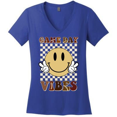 Game Day Vibes Retro Smile Football Women's V-Neck T-Shirt