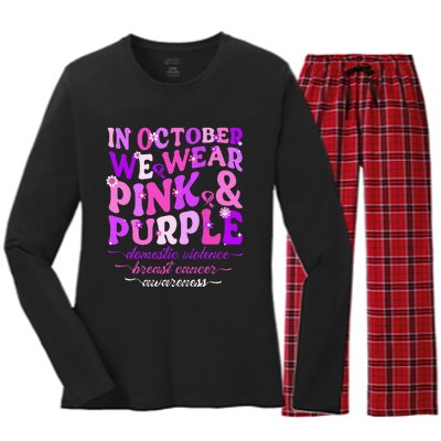 Groovy Domestic Violence And Breast Cancer Awareness Month Women's Long Sleeve Flannel Pajama Set 