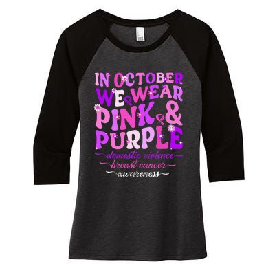 Groovy Domestic Violence And Breast Cancer Awareness Month Women's Tri-Blend 3/4-Sleeve Raglan Shirt