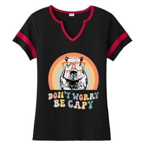 Groovy DonT Worry Be Cappy Cute Funny Capybara Animal Lover Ladies Halftime Notch Neck Tee