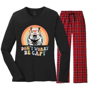 Groovy DonT Worry Be Cappy Cute Funny Capybara Animal Lover Women's Long Sleeve Flannel Pajama Set 