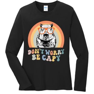 Groovy DonT Worry Be Cappy Cute Funny Capybara Animal Lover Ladies Long Sleeve Shirt