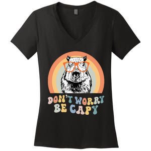 Groovy DonT Worry Be Cappy Cute Funny Capybara Animal Lover Women's V-Neck T-Shirt