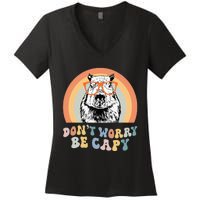 Groovy DonT Worry Be Cappy Cute Funny Capybara Animal Lover Women's V-Neck T-Shirt