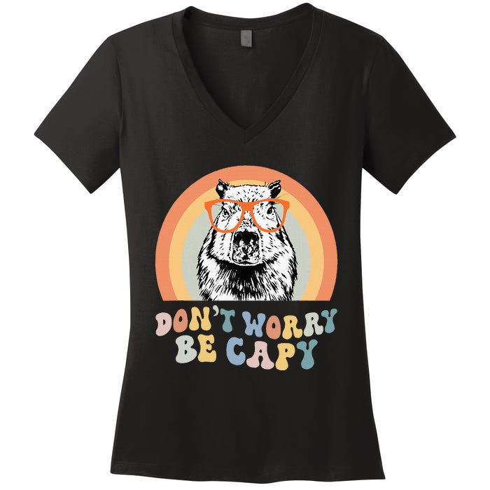 Groovy DonT Worry Be Cappy Cute Funny Capybara Animal Lover Women's V-Neck T-Shirt