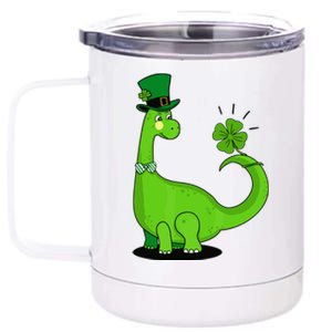 Green Dino With A FourLeaf Clover Tail: St. Patrick's Day 12 oz Stainless Steel Tumbler Cup