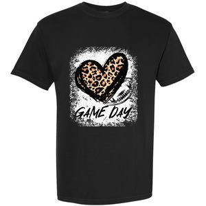 Game Day With Leopard Heart Football Lovers Mom Bleached  Garment-Dyed Heavyweight T-Shirt