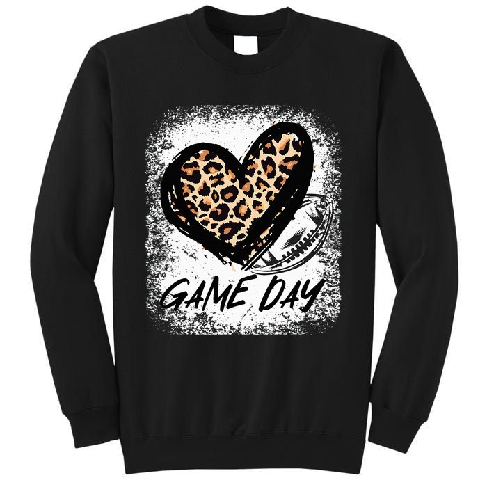 Game Day With Leopard Heart Football Lovers Mom Bleached  Sweatshirt