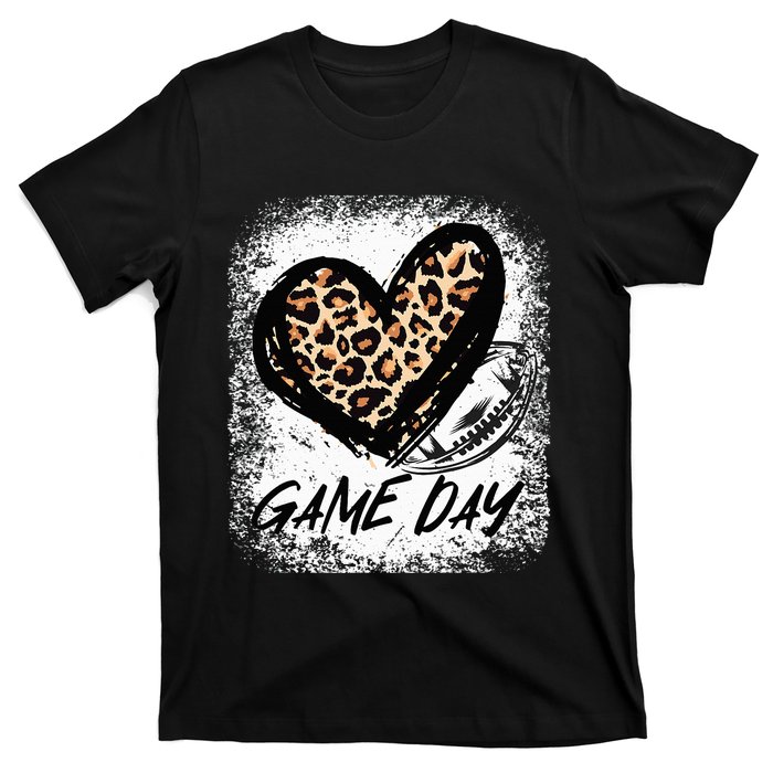 Game Day With Leopard Heart Football Lovers Mom Bleached  T-Shirt