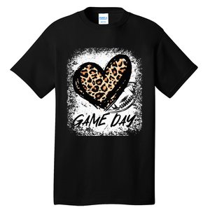 Game Day With Leopard Heart Football Lovers Mom Bleached  Tall T-Shirt