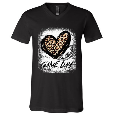 Game Day With Leopard Heart Football Lovers Mom Bleached  V-Neck T-Shirt