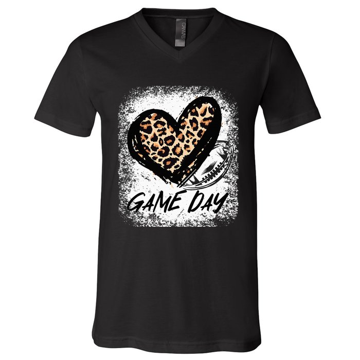 Game Day With Leopard Heart Football Lovers Mom Bleached  V-Neck T-Shirt