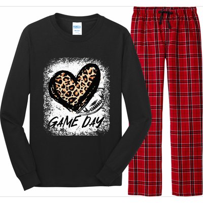 Game Day With Leopard Heart Football Lovers Mom Bleached  Long Sleeve Pajama Set