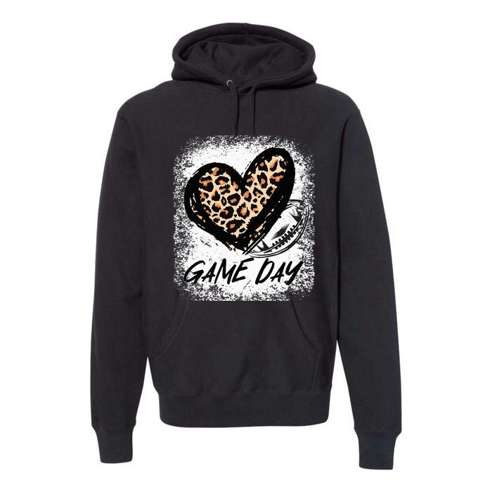 Game Day With Leopard Heart Football Lovers Mom Bleached  Premium Hoodie