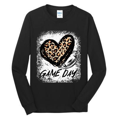 Game Day With Leopard Heart Football Lovers Mom Bleached  Tall Long Sleeve T-Shirt