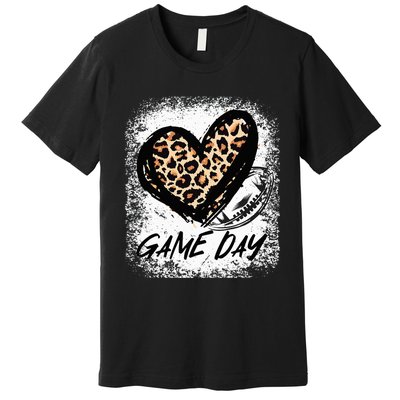 Game Day With Leopard Heart Football Lovers Mom Bleached  Premium T-Shirt