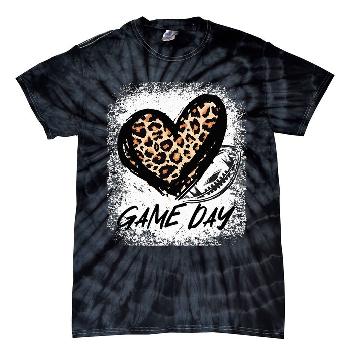 Game Day With Leopard Heart Football Lovers Mom Bleached  Tie-Dye T-Shirt