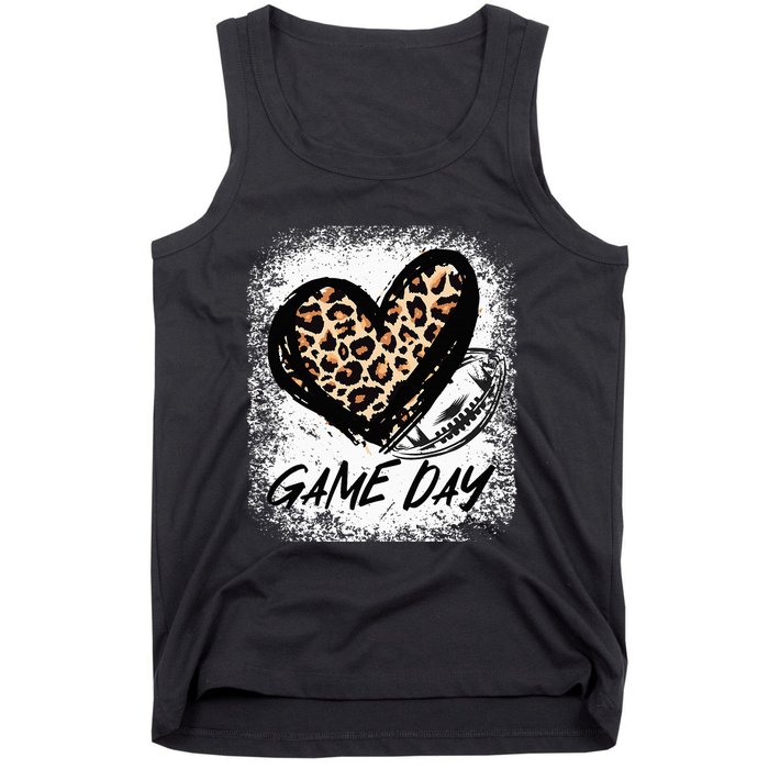 Game Day With Leopard Heart Football Lovers Mom Bleached  Tank Top