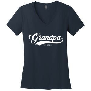 Grandpa Est 2024 Baseball Team Font Women's V-Neck T-Shirt