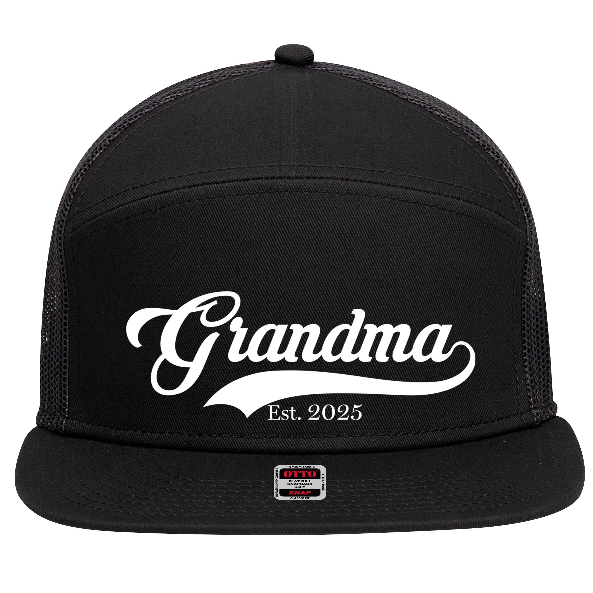 Grandma Est 2025 Baseball Team Font 7 Panel Mesh Trucker Snapback Hat