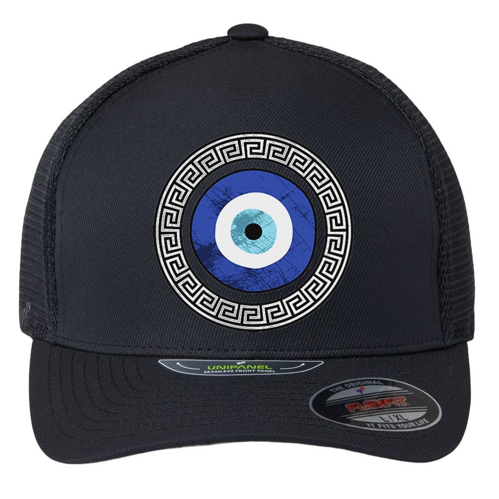 Greek Evil Eye Mati Design Greek Key Print Flexfit Unipanel Trucker Cap