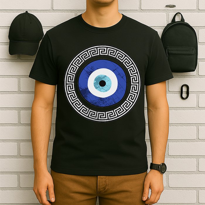 Greek Evil Eye Mati Design Greek Key Print T-Shirt