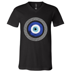 Greek Evil Eye Mati Design Greek Key Print V-Neck T-Shirt