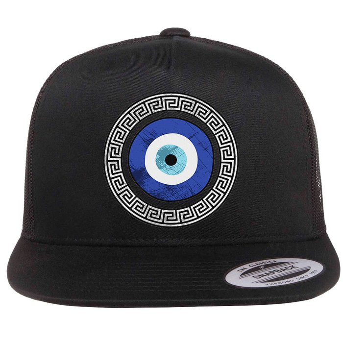 Greek Evil Eye Mati Design Greek Key Print Flat Bill Trucker Hat