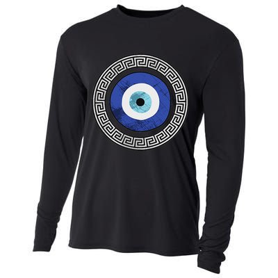Greek Evil Eye Mati Design Greek Key Print Cooling Performance Long Sleeve Crew