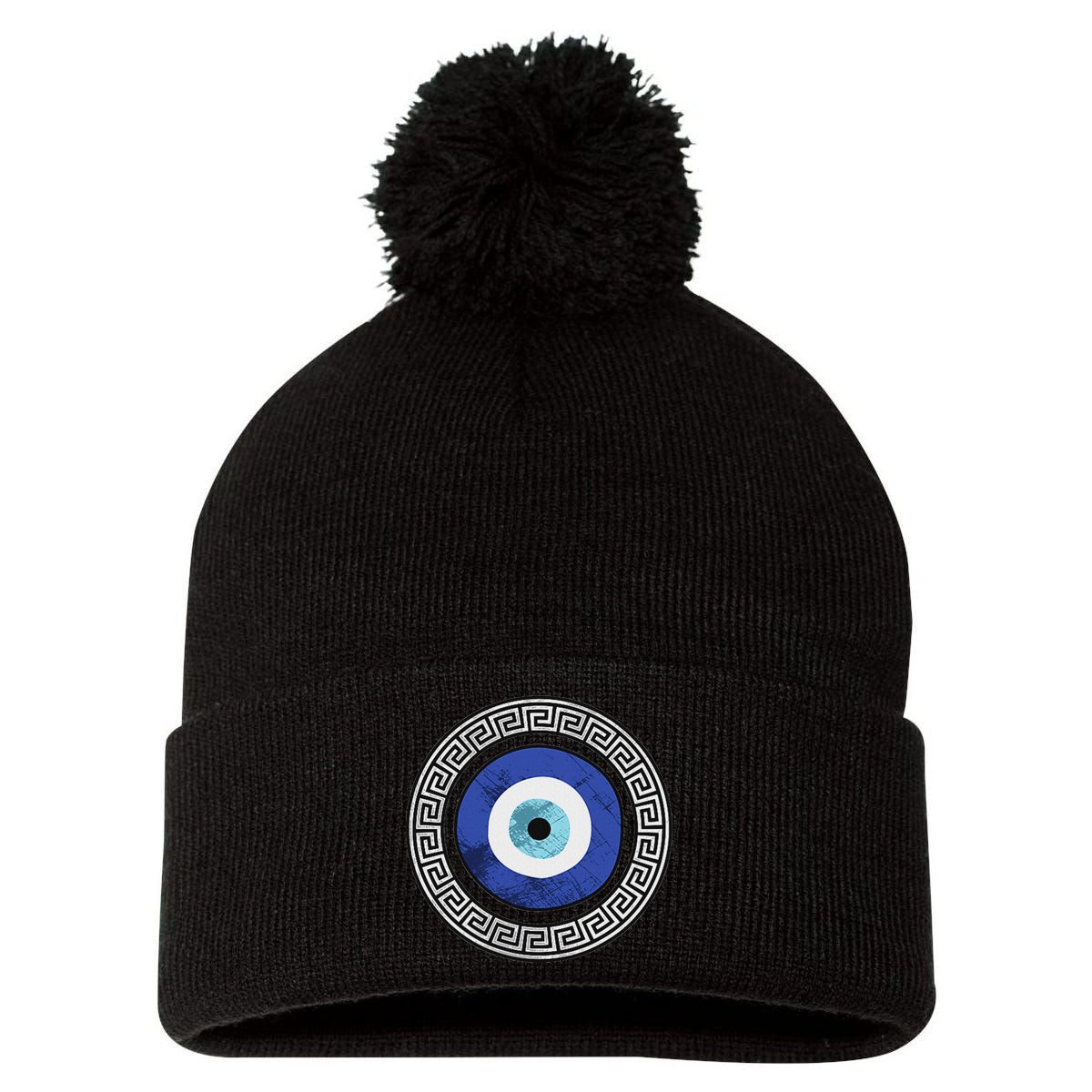 Greek Evil Eye Mati Design Greek Key Print Pom Pom 12in Knit Beanie